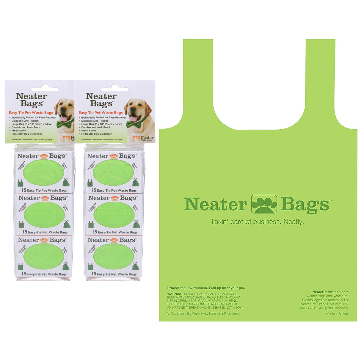 Two Neater Refill Bags in a package of three (90 bag count) on the left. On the right is a flat image of the bag when opened.