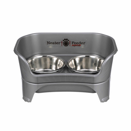Neater Feeder Express in Gunmetal with two stainless steel bowls against a white background.