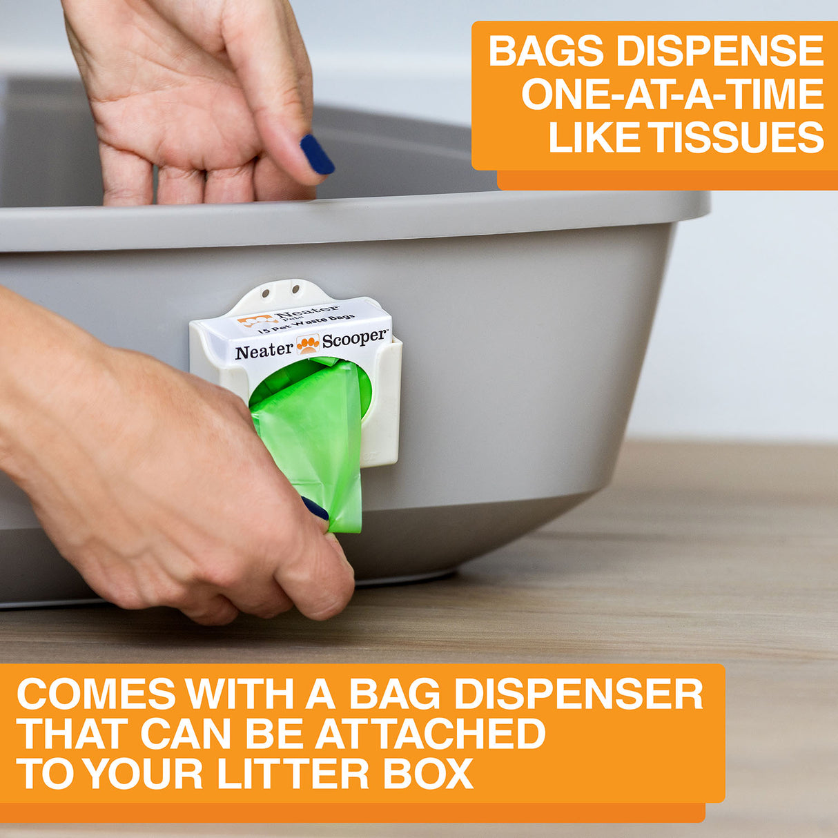 Image of a person pulling a bag out of the dispenser attached to the litter box. Test on screen reads: Bags dispense one-at-a-time like tissues. Comes with a bag dispenser that can be attached to your litter box.