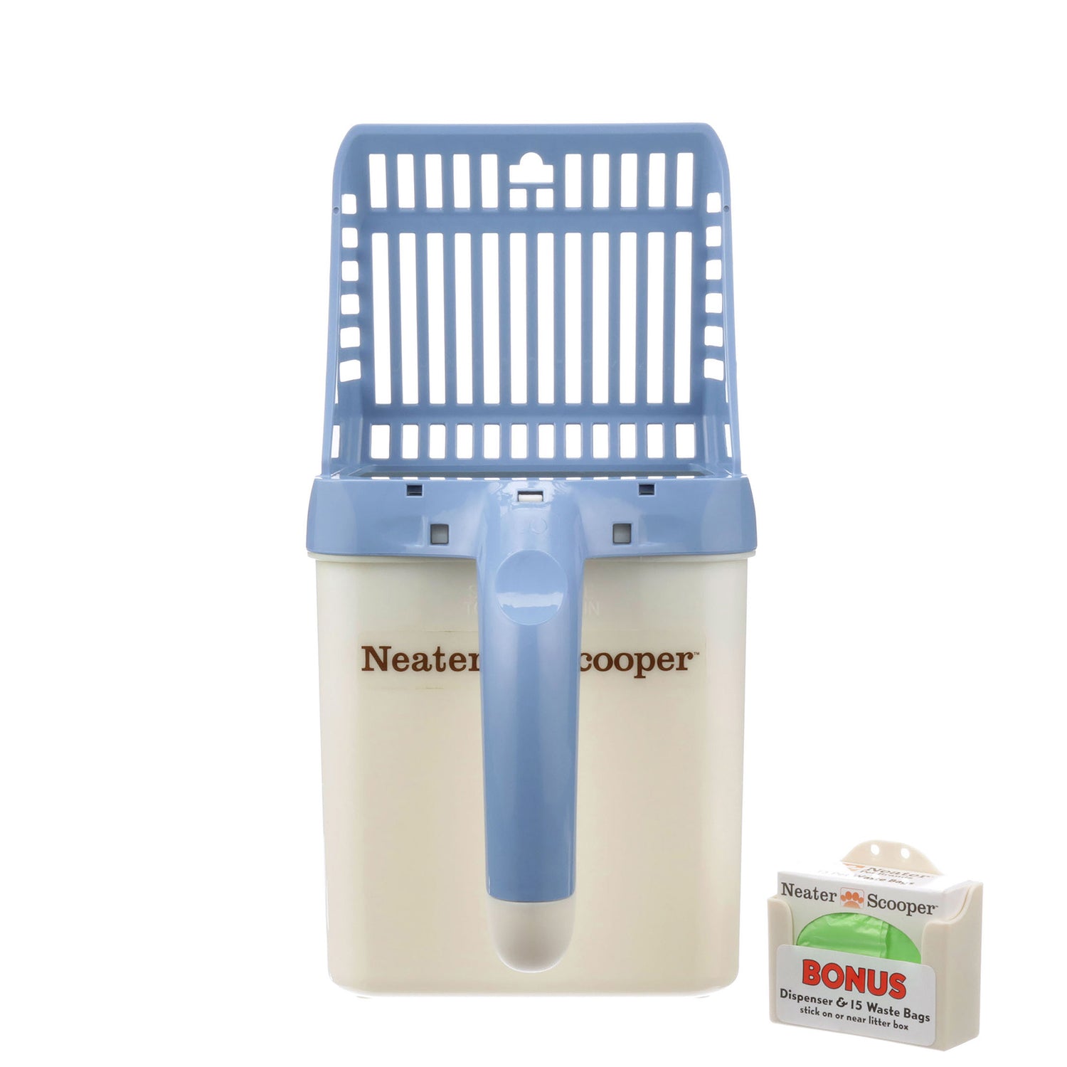 Neater Scooper with 15 bags in blue on a white background.