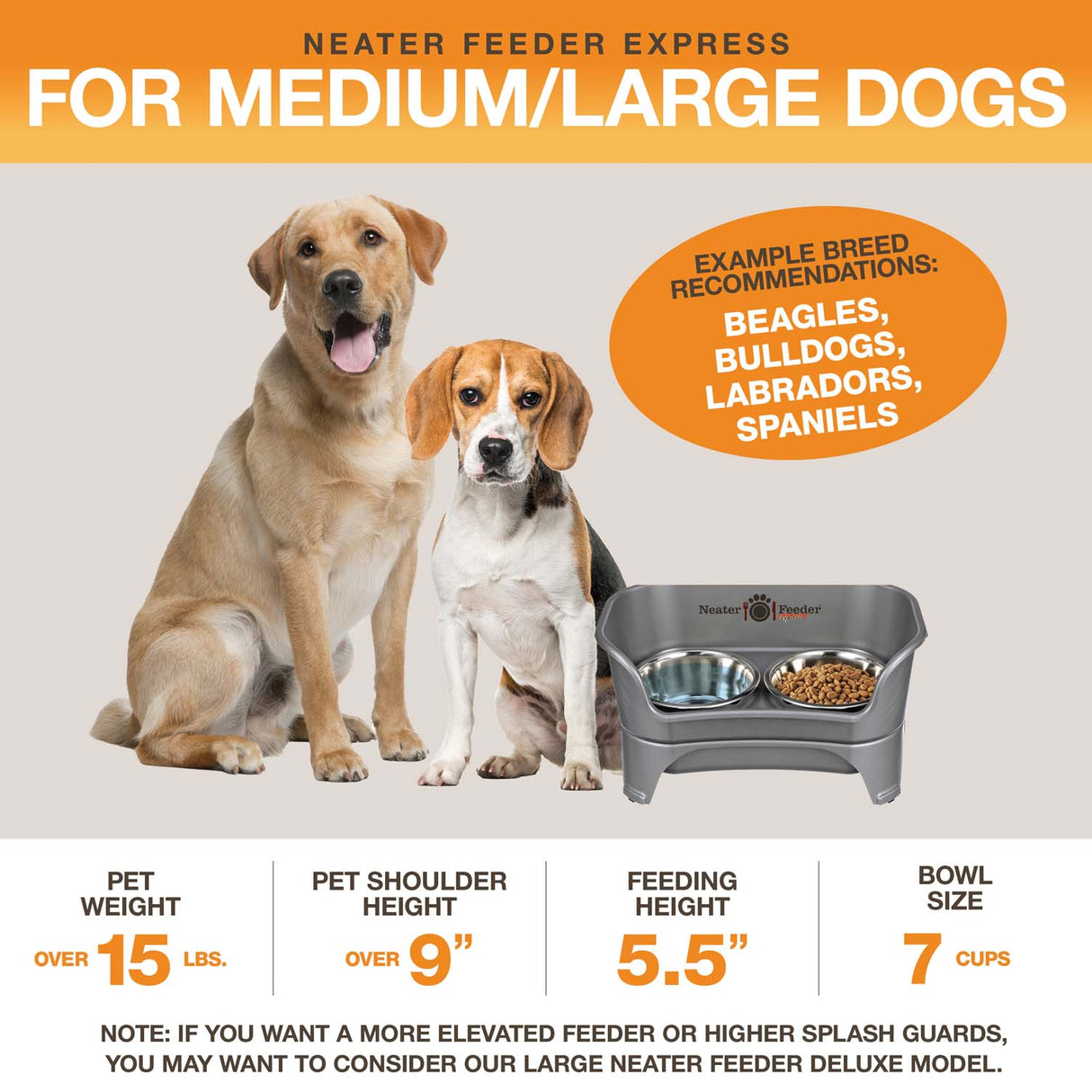 A diagram with sizing information for the medium to large EXPRESS Neater Feeder with Stainless Steel bowls. The picture displays the ideal pet weight, shoulder height, and the feeding height and bowl capacity.
