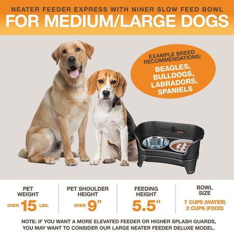 A diagram with sizing information for the medium to large EXPRESS Neater Feeder with Niner Slow Feed Bowl. The picture displays the ideal pet weight, shoulder height, and the feeding height and bowl capacity.