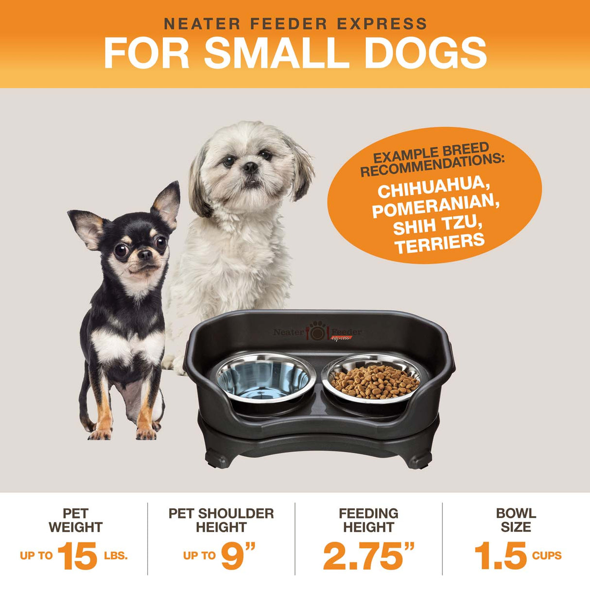 A diagram with sizing information for the small EXPRESS Neater Feeder with Stainless Steel Bowls. The picture displays the ideal pet weight, shoulder height, and the feeding height and bowl capacity.