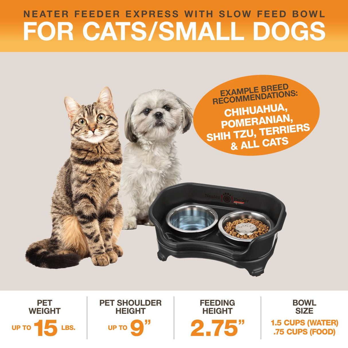 A diagram with sizing information for the small EXPRESS Neater Feeder with Stainless Steel Slow Feed Bowl. The picture displays the ideal pet weight, shoulder height, and the feeding height and bowl capacity.