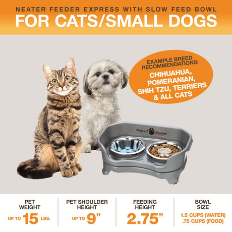 A diagram with sizing information for the small EXPRESS Neater Feeder with Stainless Steel Slow Feed Bowl. The picture displays the ideal pet weight, shoulder height, and the feeding height and bowl capacity.