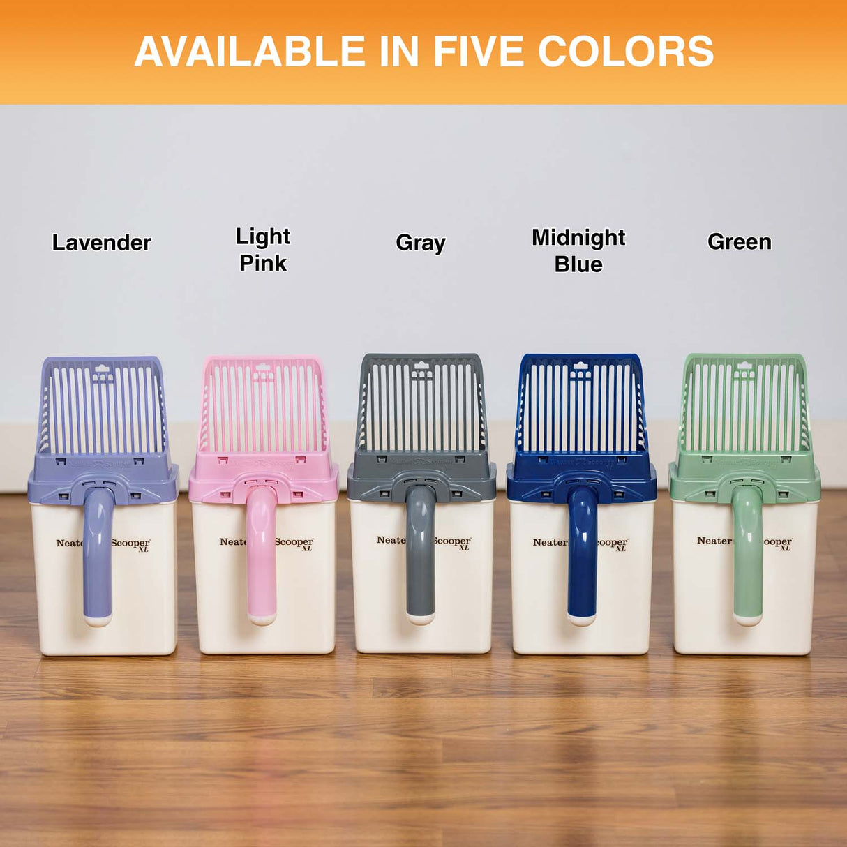 A picture of all available colors of the Neater Scoop XL lined up on a wooden floor: Lavender, light pink, gray, midnight blue, and green.