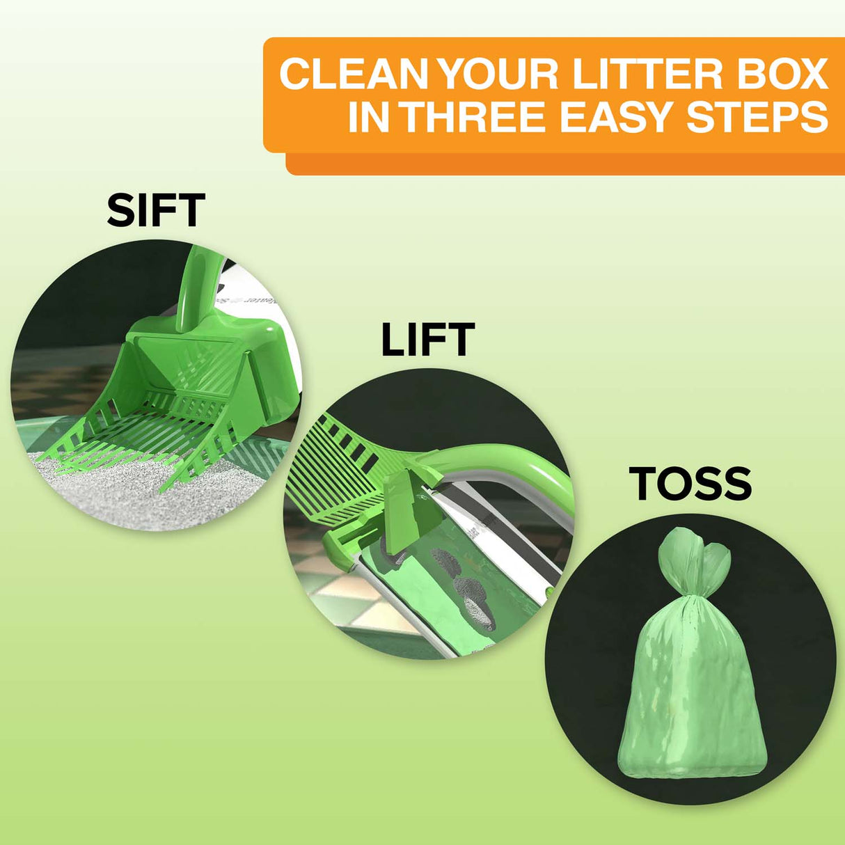 A diagram showing pictures of the three easy steps: sift, lift, and toss. Text on screen reads: Clean your litter box in three easy steps.