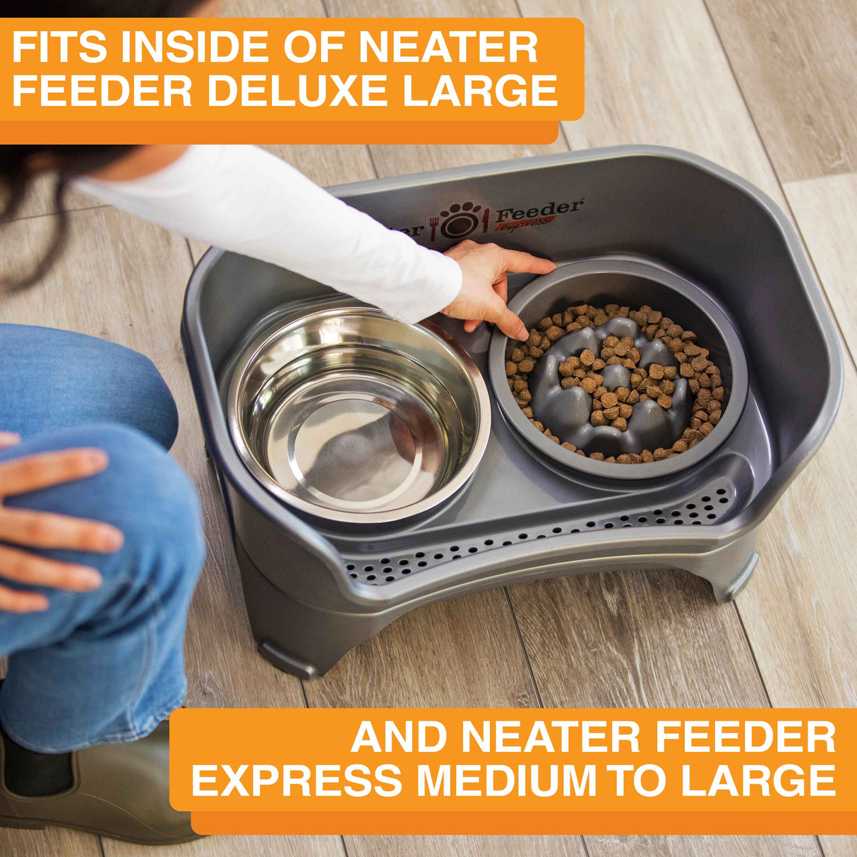 Woman placing The Niner inside the Express Medium to Large Neater Feeder. Text mentions that the Niner fits inside the Deluxe and Express large Neater Feeders.