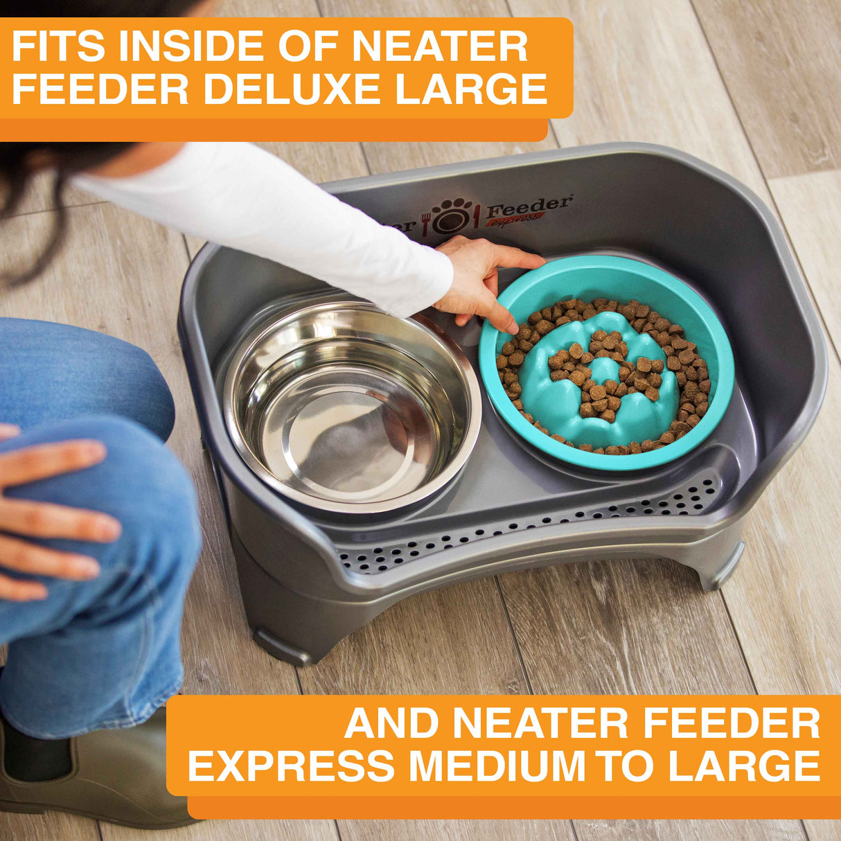 Woman placing The Niner inside the Express Medium to Large Neater Feeder. Text mentions that the Niner fits inside the Deluxe and Express large Neater Feeders.