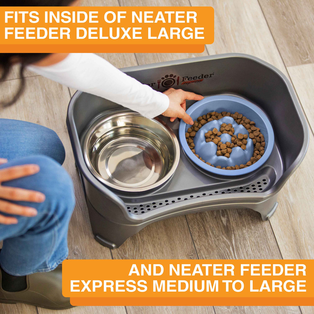 Woman placing The Niner inside the Express Medium to Large Neater Feeder. Text mentions that the Niner fits inside the Deluxe and Express large Neater Feeders.