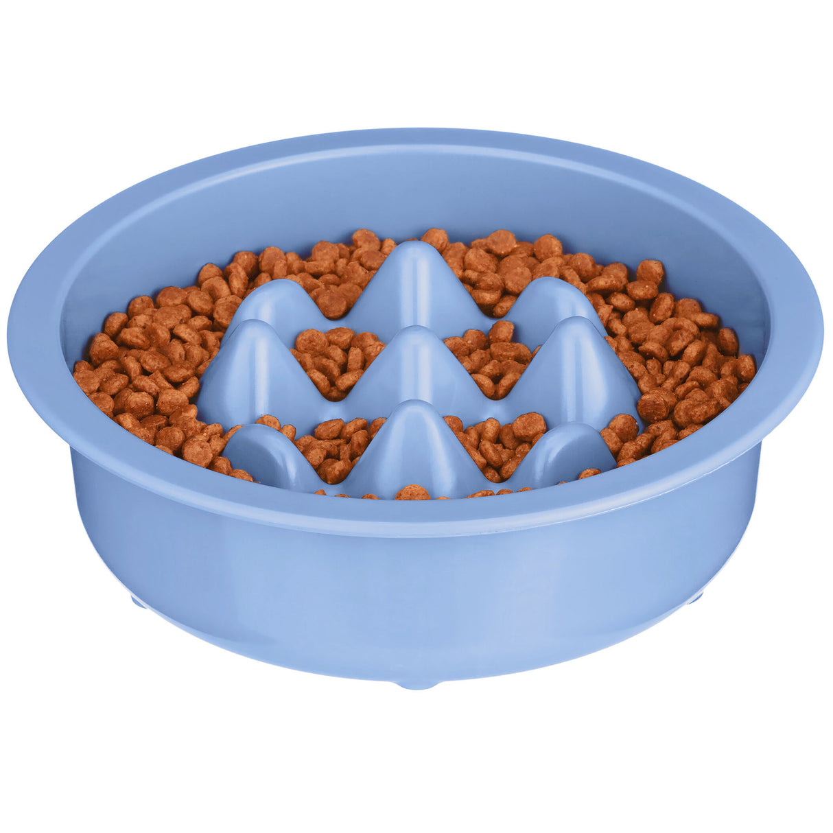 The Niner in Blue with kibble inside the feeder against a white background.