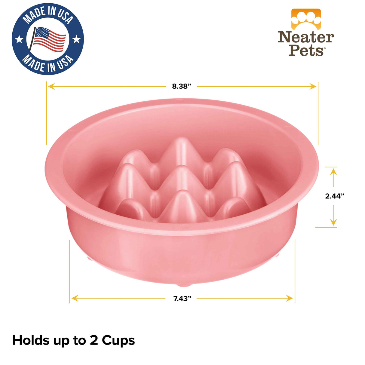 Diagram of The Niner with the dimensions. The bowl can up to 2 cups of food and is made in the USA.
