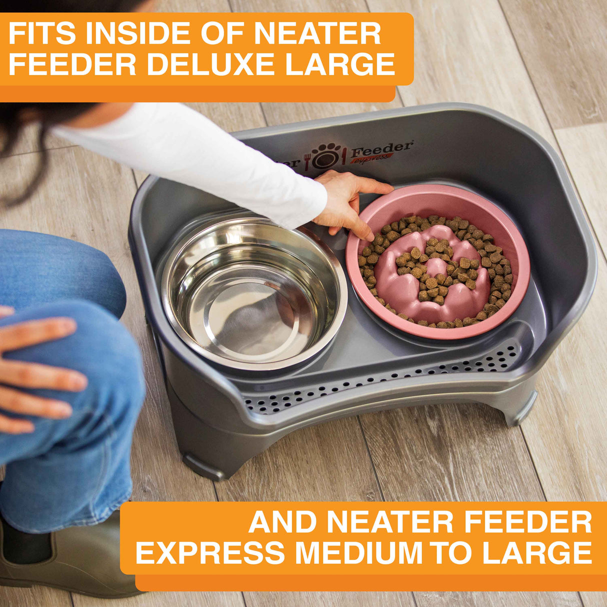 Woman placing The Niner inside the Express Medium to Large Neater Feeder. Text mentions that the Niner fits inside the Deluxe and Express large Neater Feeders.