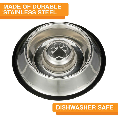 Image of the non-tip stainless steel slow feed back against a white background. Text on the screen reads: Made of durable stainless steel. Dishwasher safe.