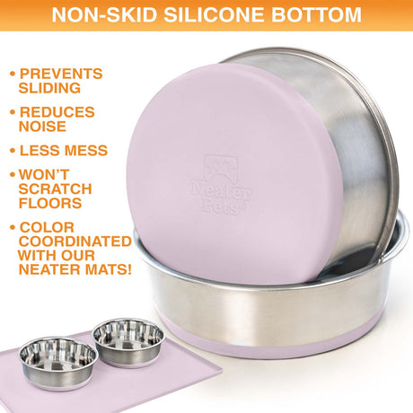 Stainless steel pet bowls with a pink non-skid silicone bottom on a white background