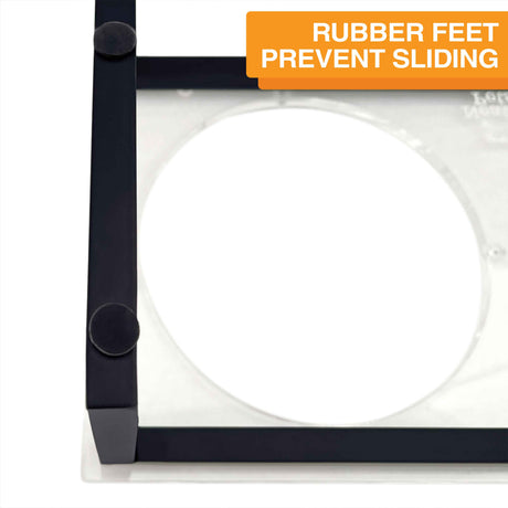 A close-up of the rubber feet on the base of the legs. Text on screen reads: Rubber feet prevent sliding.