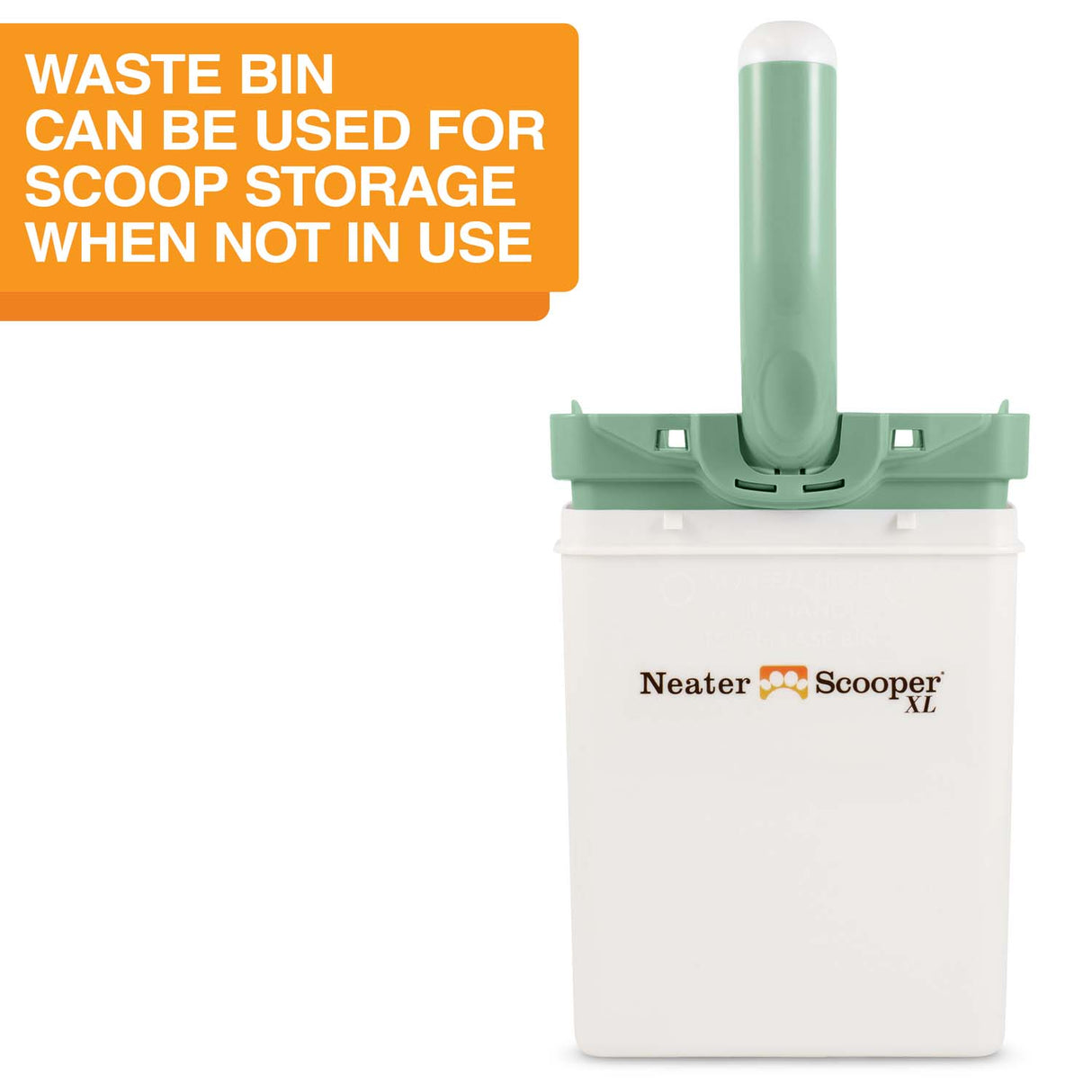 A picture with the scooper top upside down inside the bin. Text on screen reads: Waste bin can be used for scoop storage when not in use.