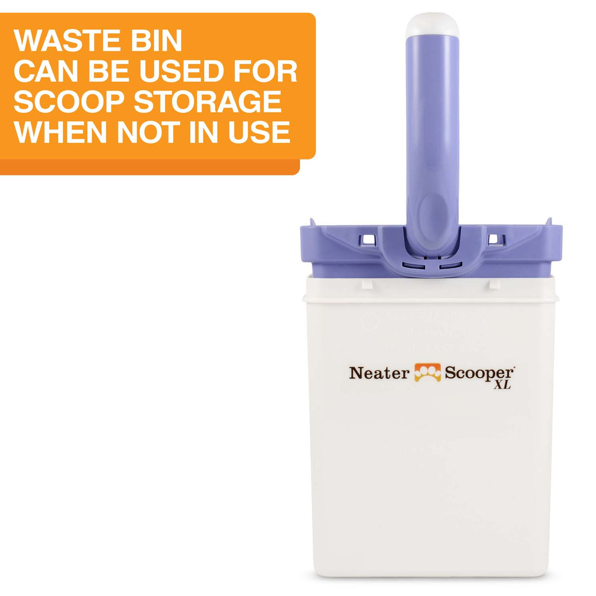 A picture with the scooper top upside down inside the bin. Text on screen reads: Waste bin can be used for scoop storage when not in use.