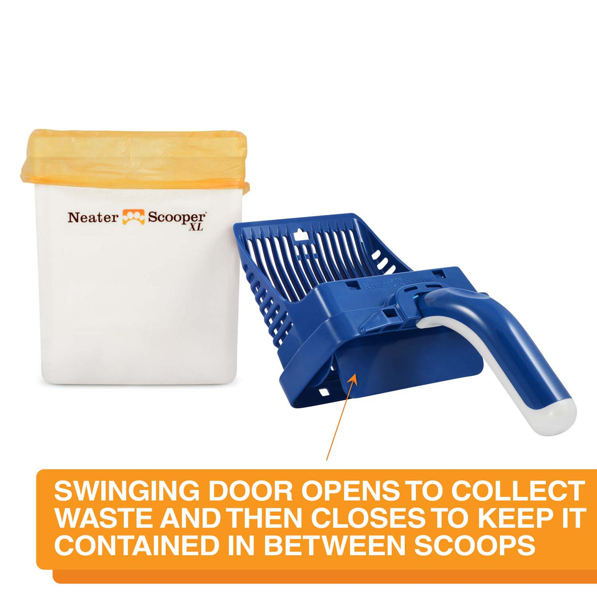 An arrow pointing to the swinging door on the scooper head. Text on screen reads: Swinging door opens to collect waste and then closes to keep it contained in between scoops.