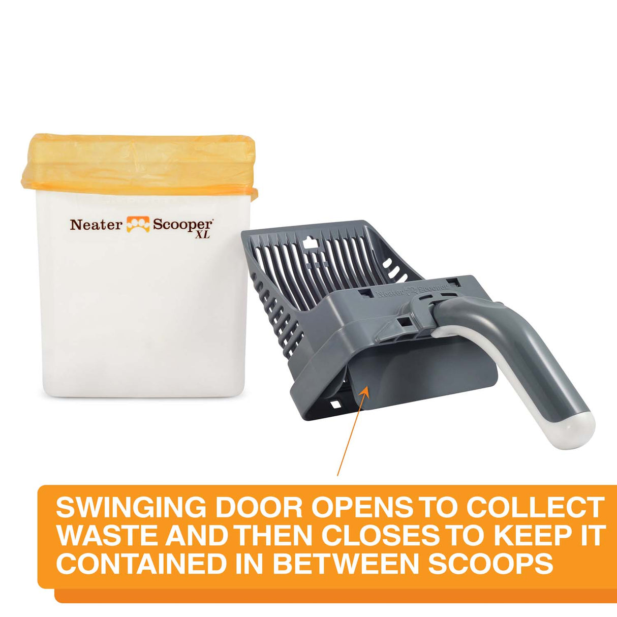 An arrow pointing to the swinging door on the scooper head. Text on screen reads: Swinging door opens to collect waste and then closes to keep it contained in between scoops.