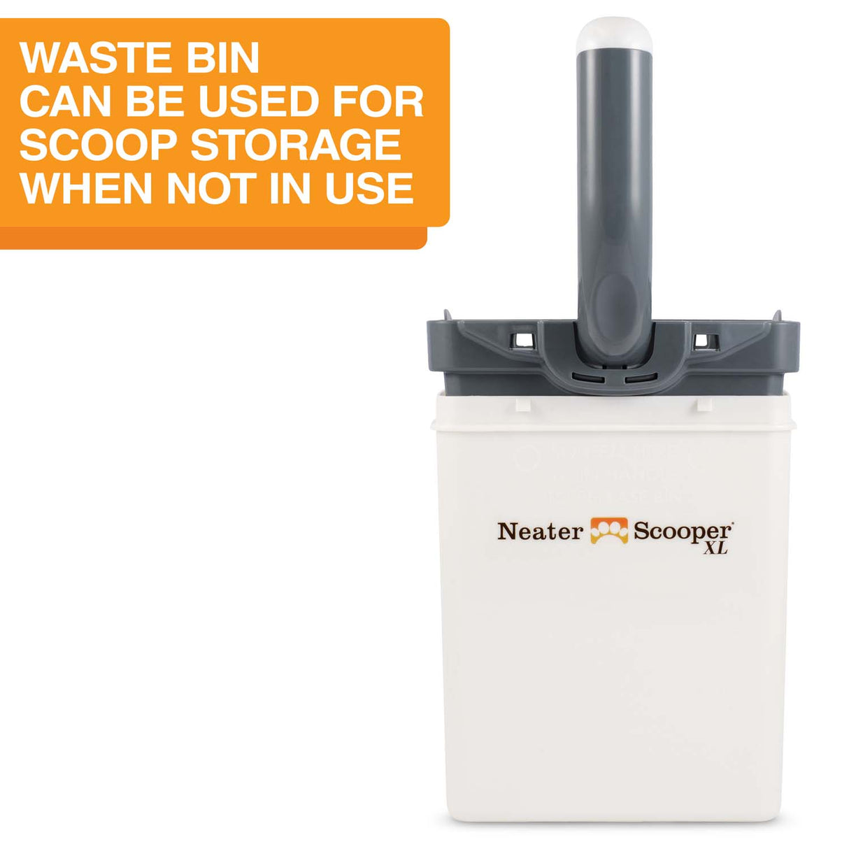A picture with the scooper top upside down inside the bin. Text on screen reads: Waste bin can be used for scoop storage when not in use.