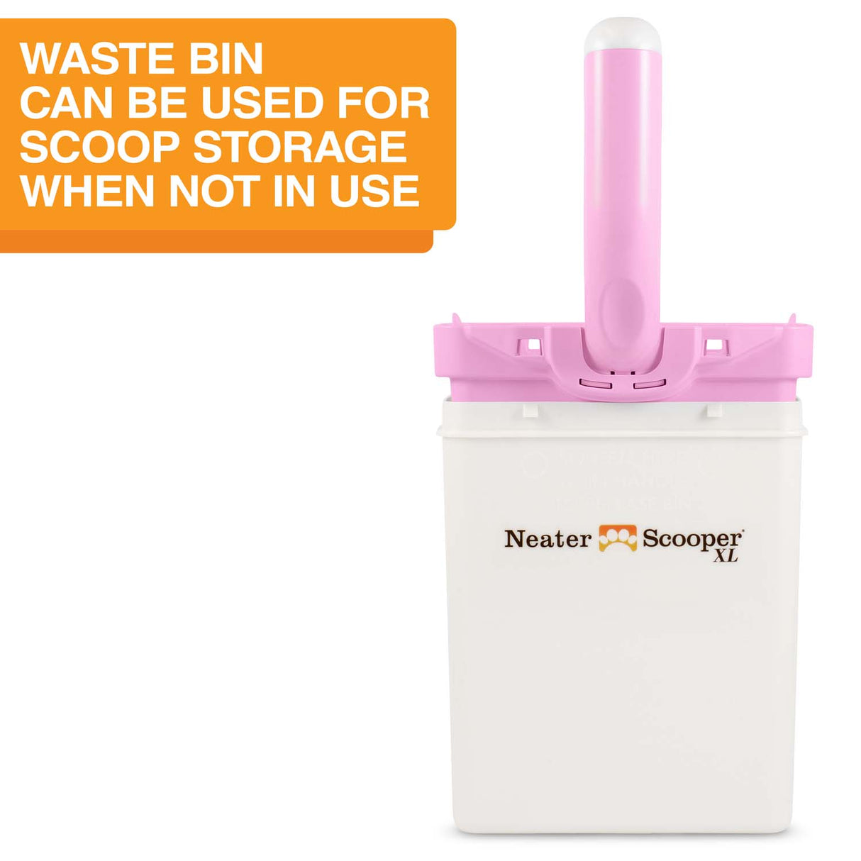 A picture with the scooper top upside down inside the bin. Text on screen reads: Waste bin can be used for scoop storage when not in use.