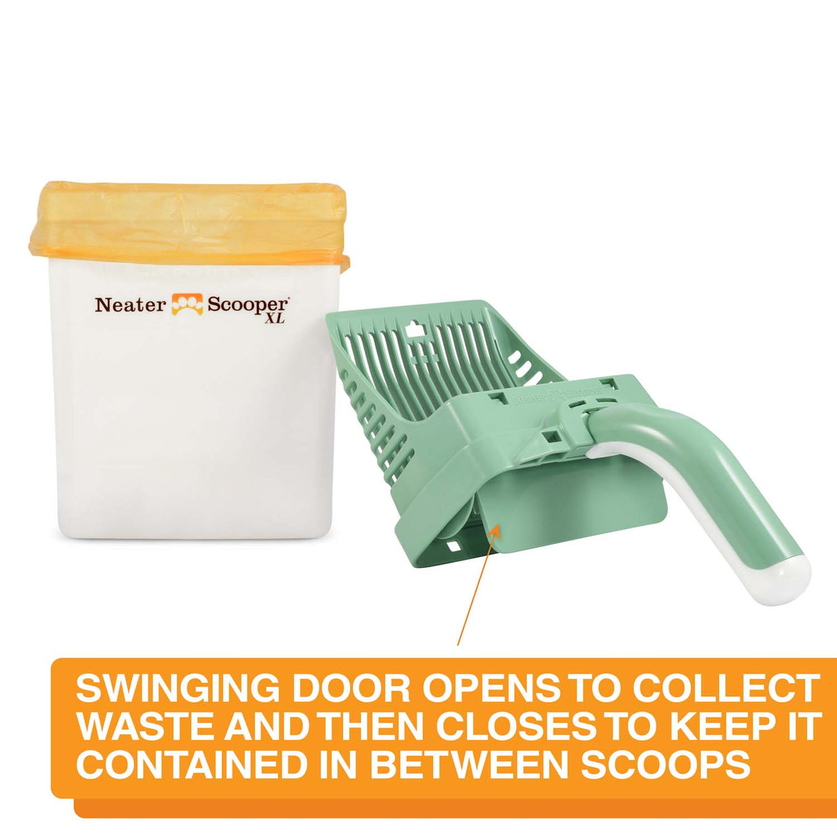An arrow pointing to the swinging door on the scooper head. Text on screen reads: Swinging door opens to collect waste and then closes to keep it contained in between scoops.