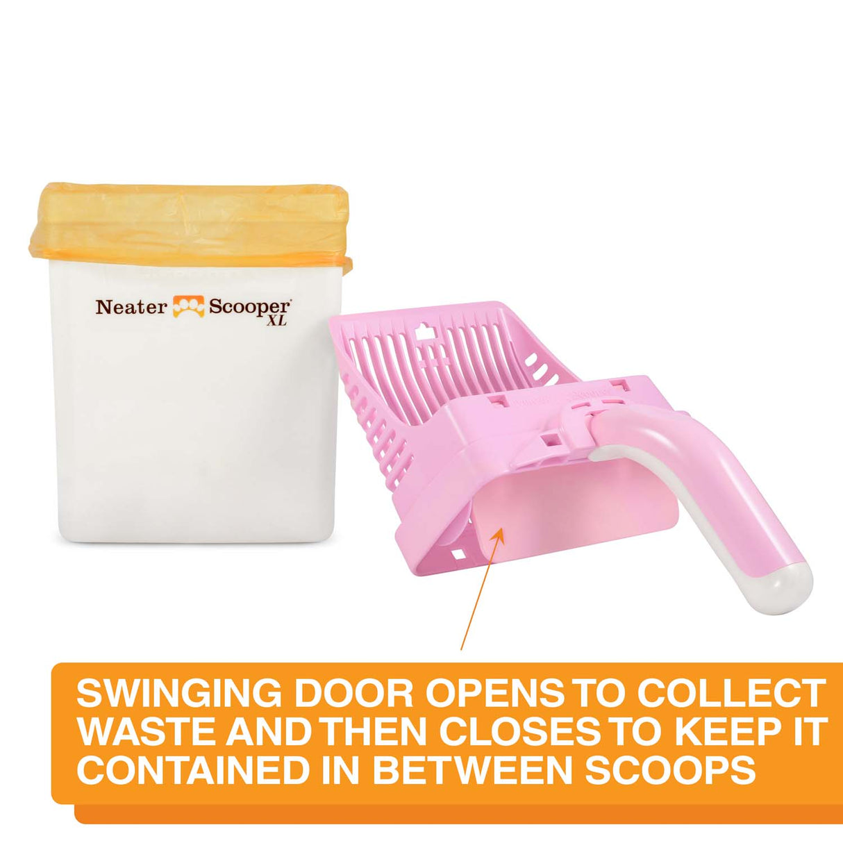 An arrow pointing to the swinging door on the scooper head. Text on screen reads: Swinging door opens to collect waste and then closes to keep it contained in between scoops.