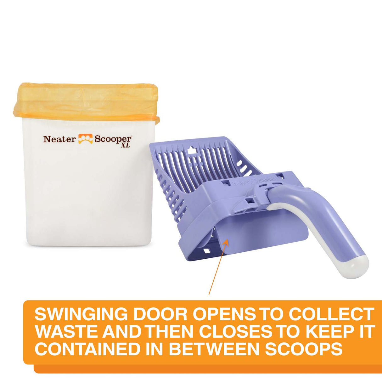 An arrow pointing to the swinging door on the scooper head. Text on screen reads: Swinging door opens to collect waste and then closes to keep it contained in between scoops.