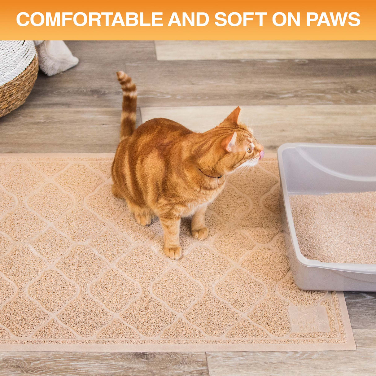 Cat standing on a textured mat next to a litter box with text 'Comfortable and soft on paws'.