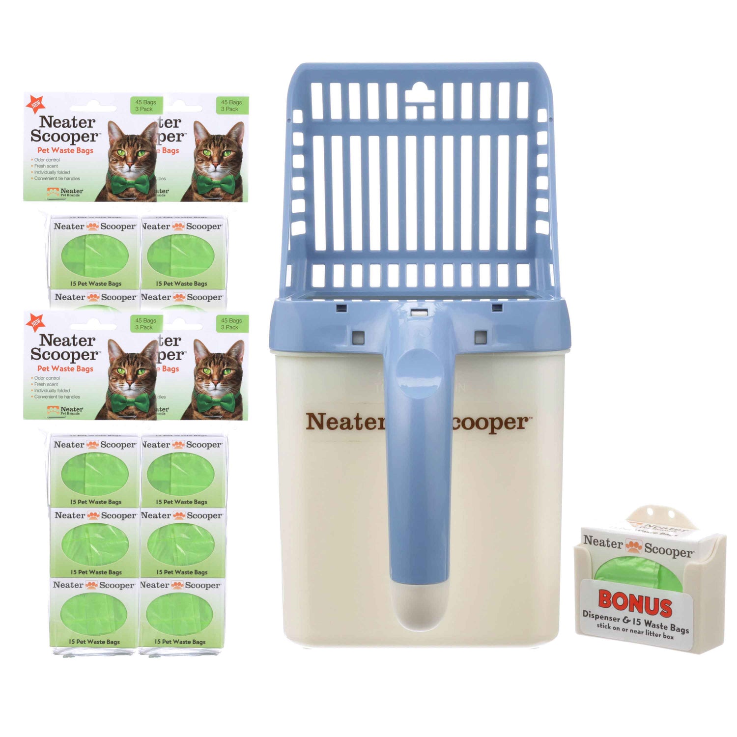 Neater Scooper with 195 bags in blue on a white background.