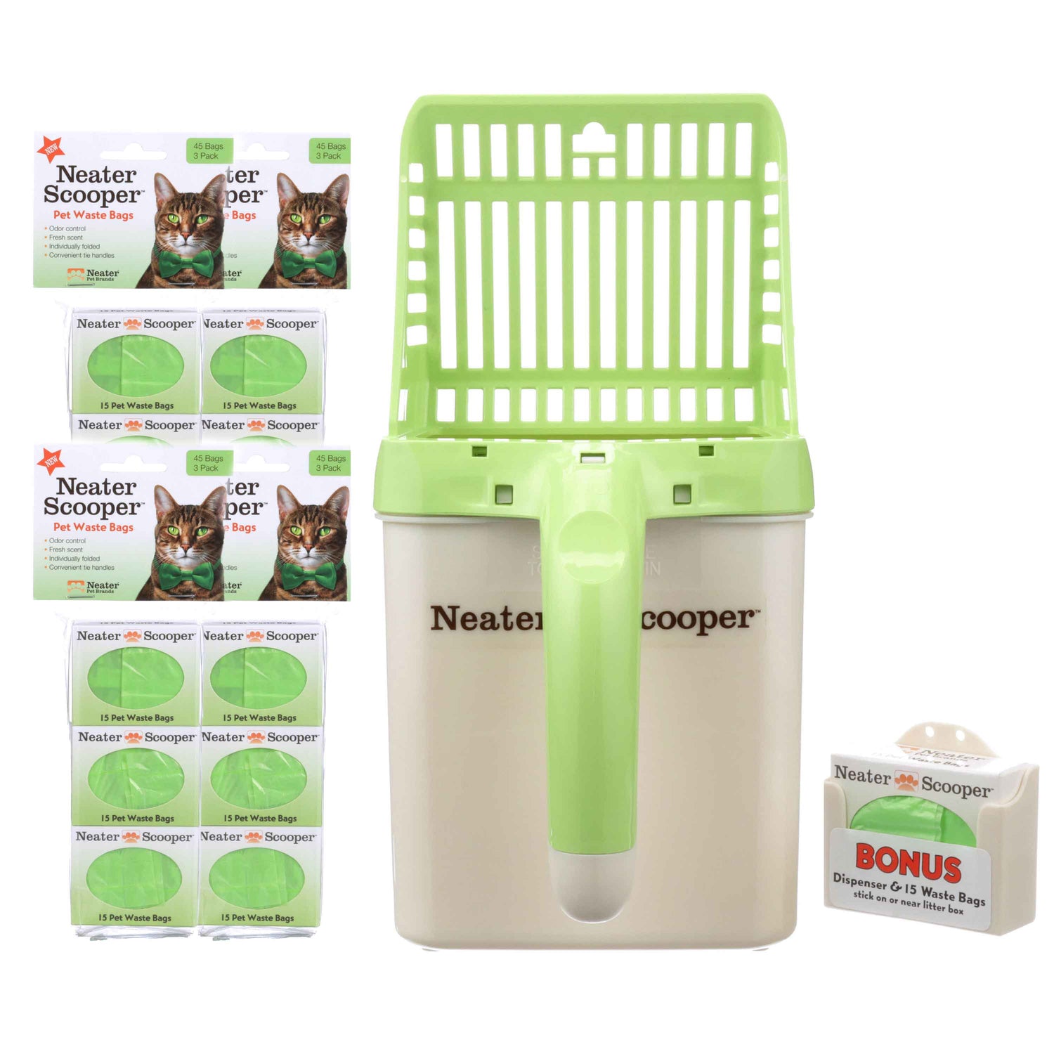 Neater Scooper with 195 bags in green on a white background.