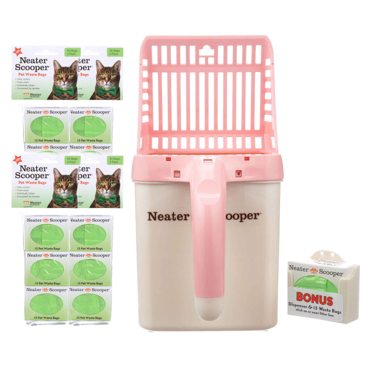 Neater Scooper with 195 bags in pink on a white background.