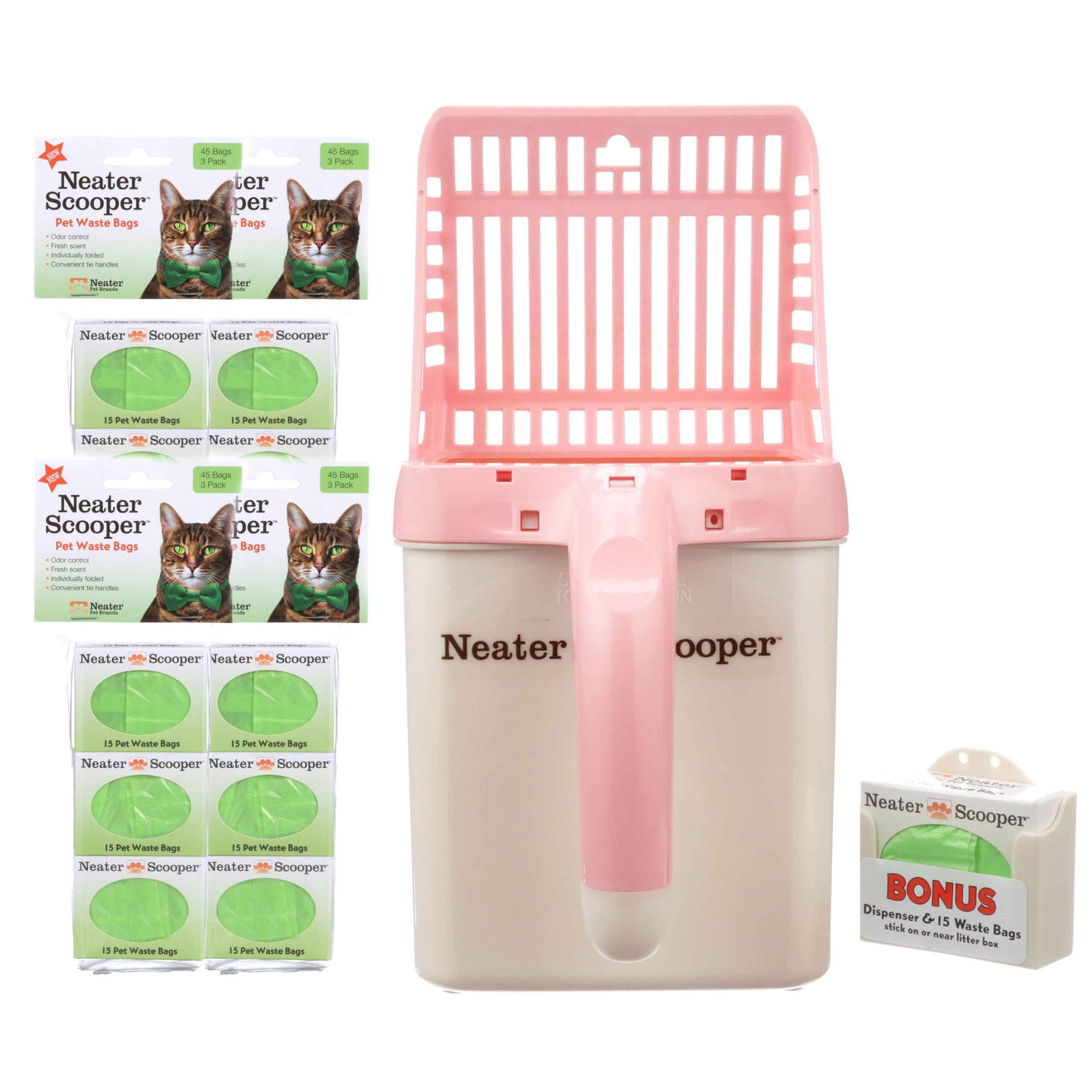 Neater Scooper with 195 bags in pink on a white background.