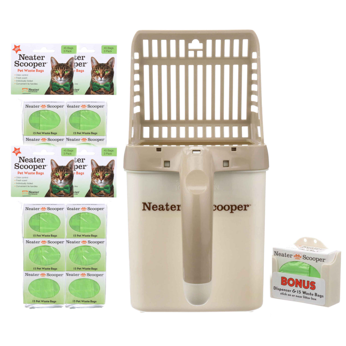 Neater Scooper with 195 bags in tan on a white background.