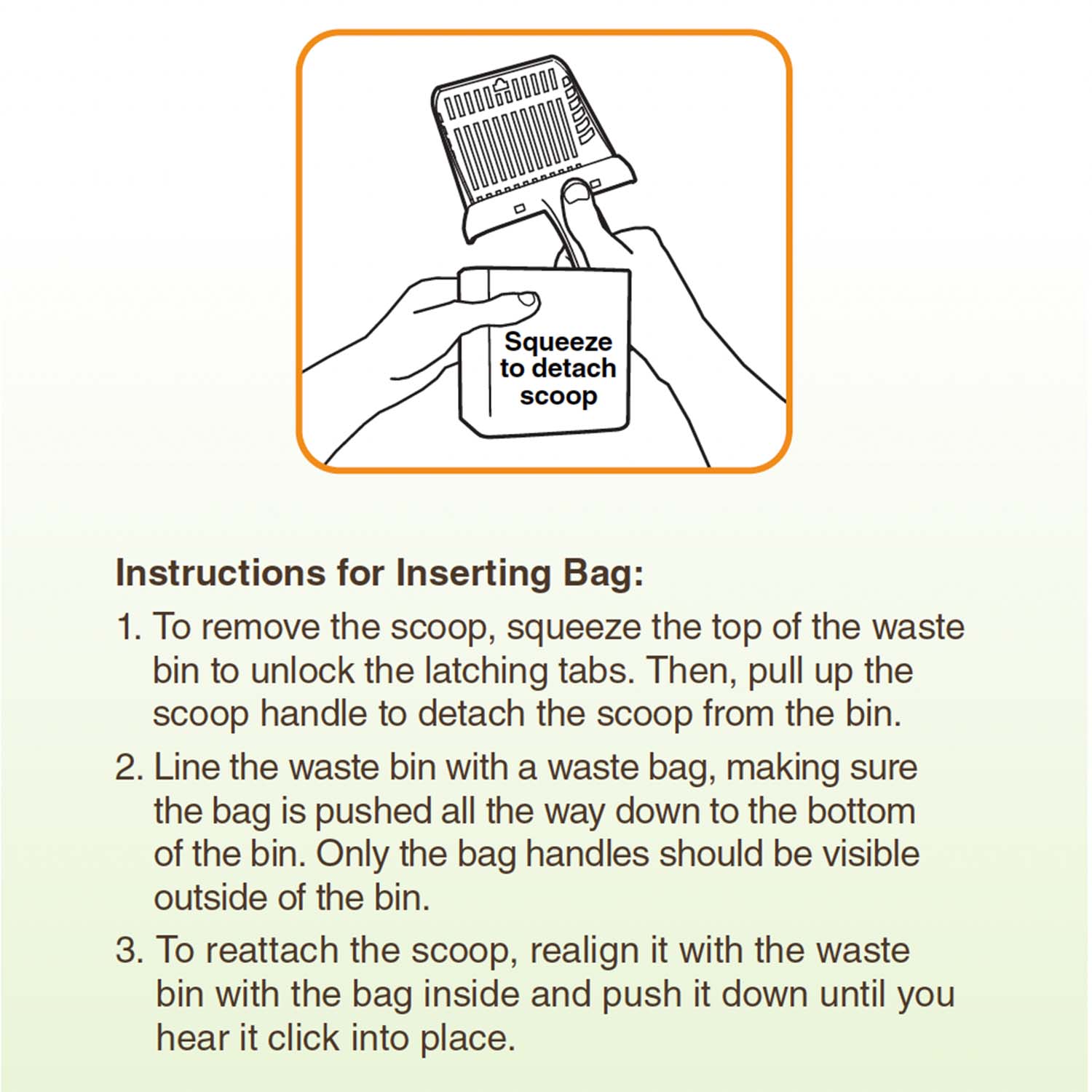 Image showing how to detach scoop and how to insert bags with example image and steps.