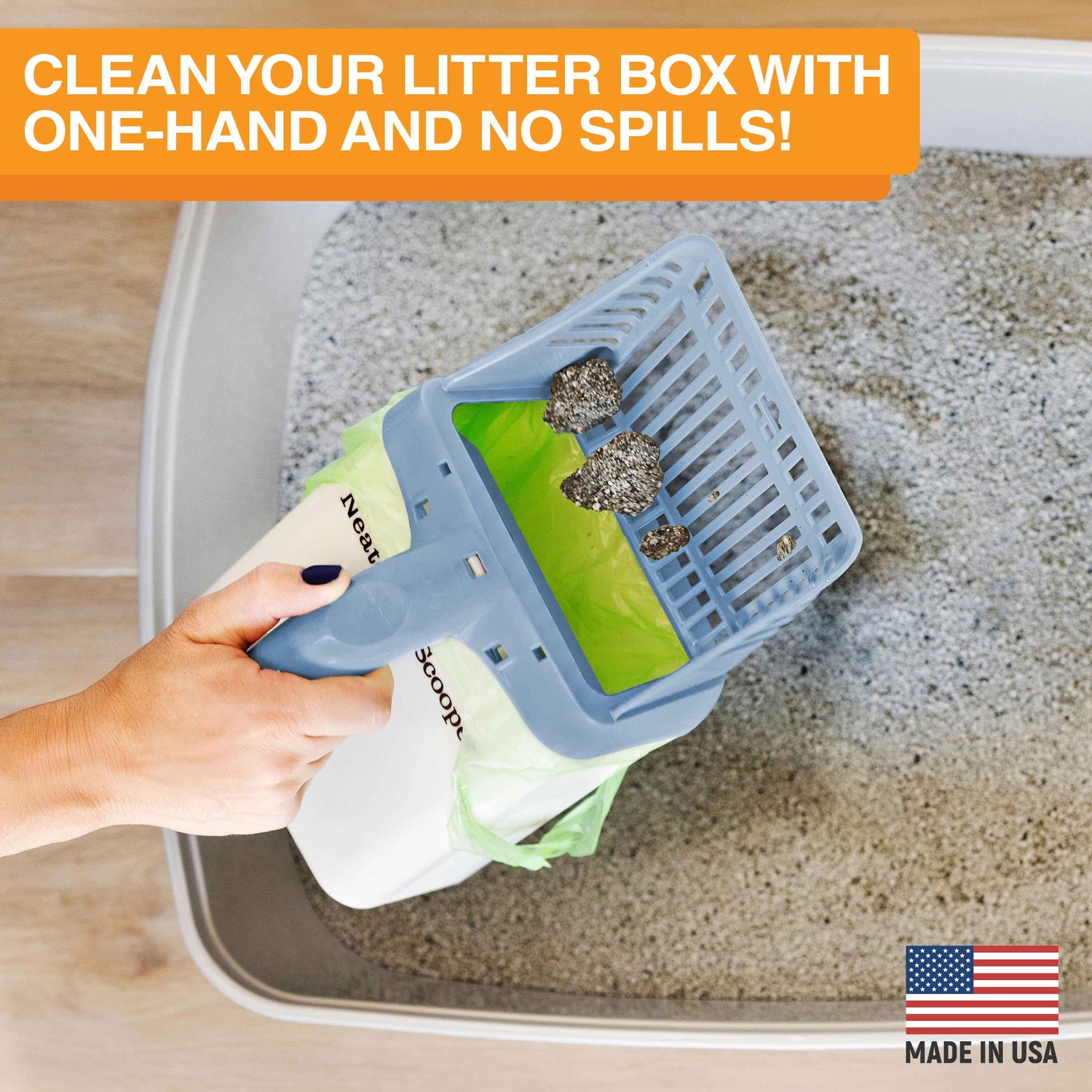 Image of the Neater Scooper scooping litter with the text: Clean your litter box with one hand and no spills.