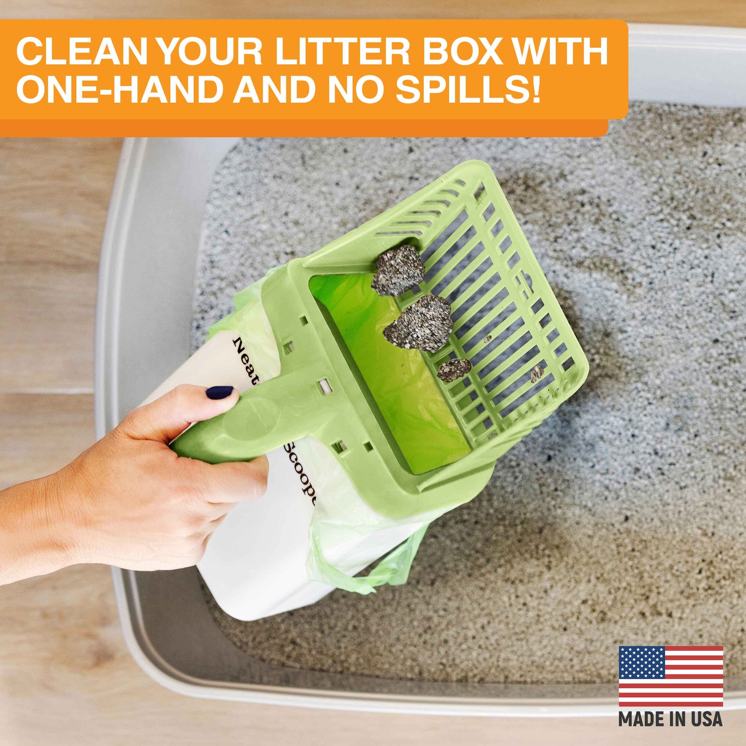 Image of the Neater Scooper scooping litter with the text: Clean your litter box with one hand and no spills.