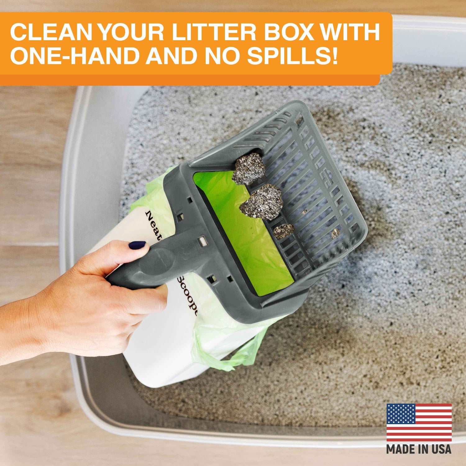 Image of the Neater Scooper scooping litter with the text: Clean your litter box with one hand and no spills.