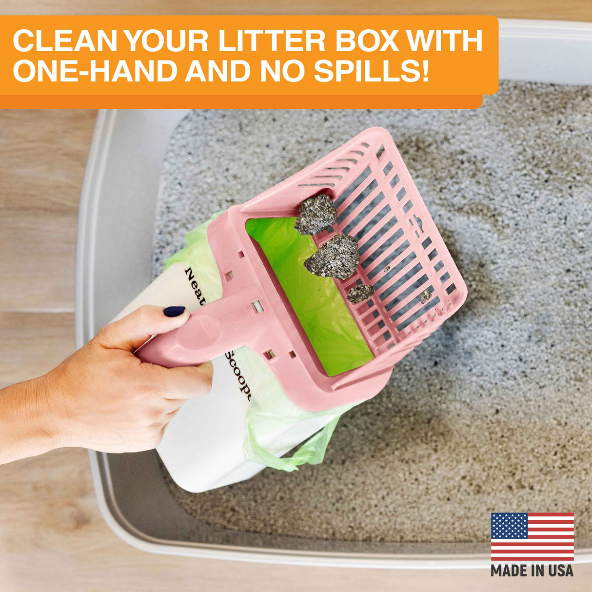 Image of the Neater Scooper scooping litter with the text: Clean your litter box with one hand and no spills.
