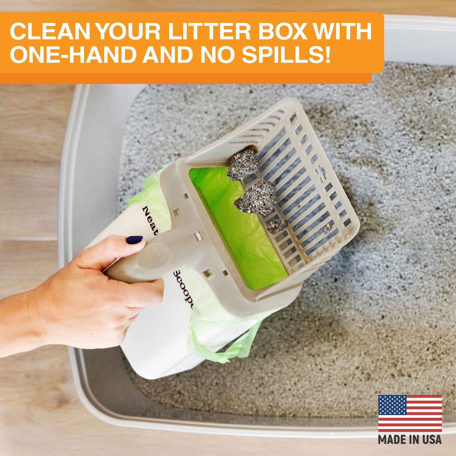 Image of the Neater Scooper scooping litter with the text: Clean your litter box with one hand and no spills.