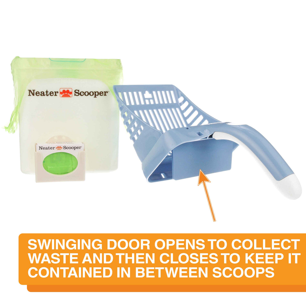 Image of the Neater Scooper top disconnected from the bin with an arrow pointing to the door with the text: Swing door opens to collect waste and then closes to keep it contained in between scoops.