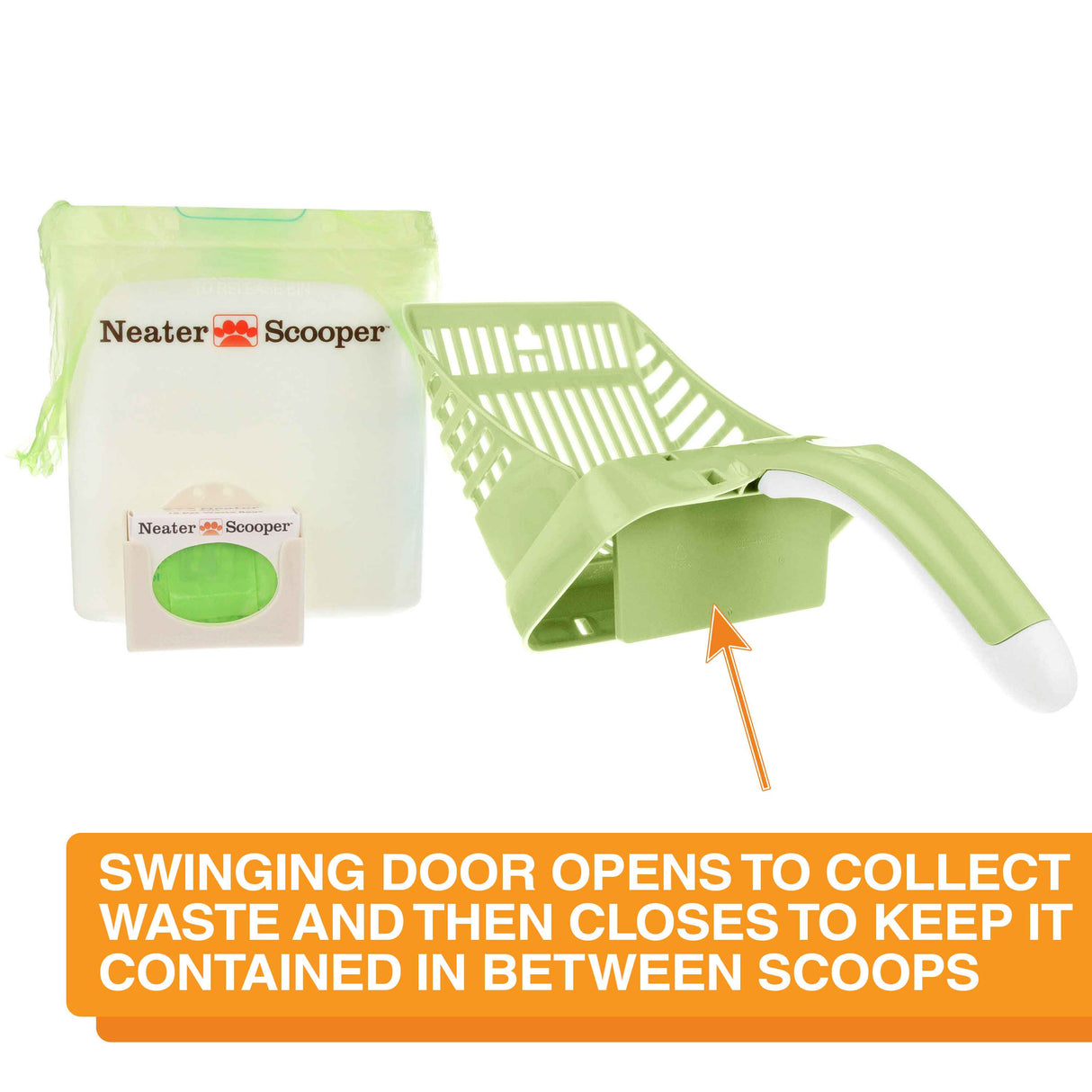 Image of the Neater Scooper top disconnected from the bin with an arrow pointing to the door with the text: Swing door opens to collect waste and then closes to keep it contained in between scoops.