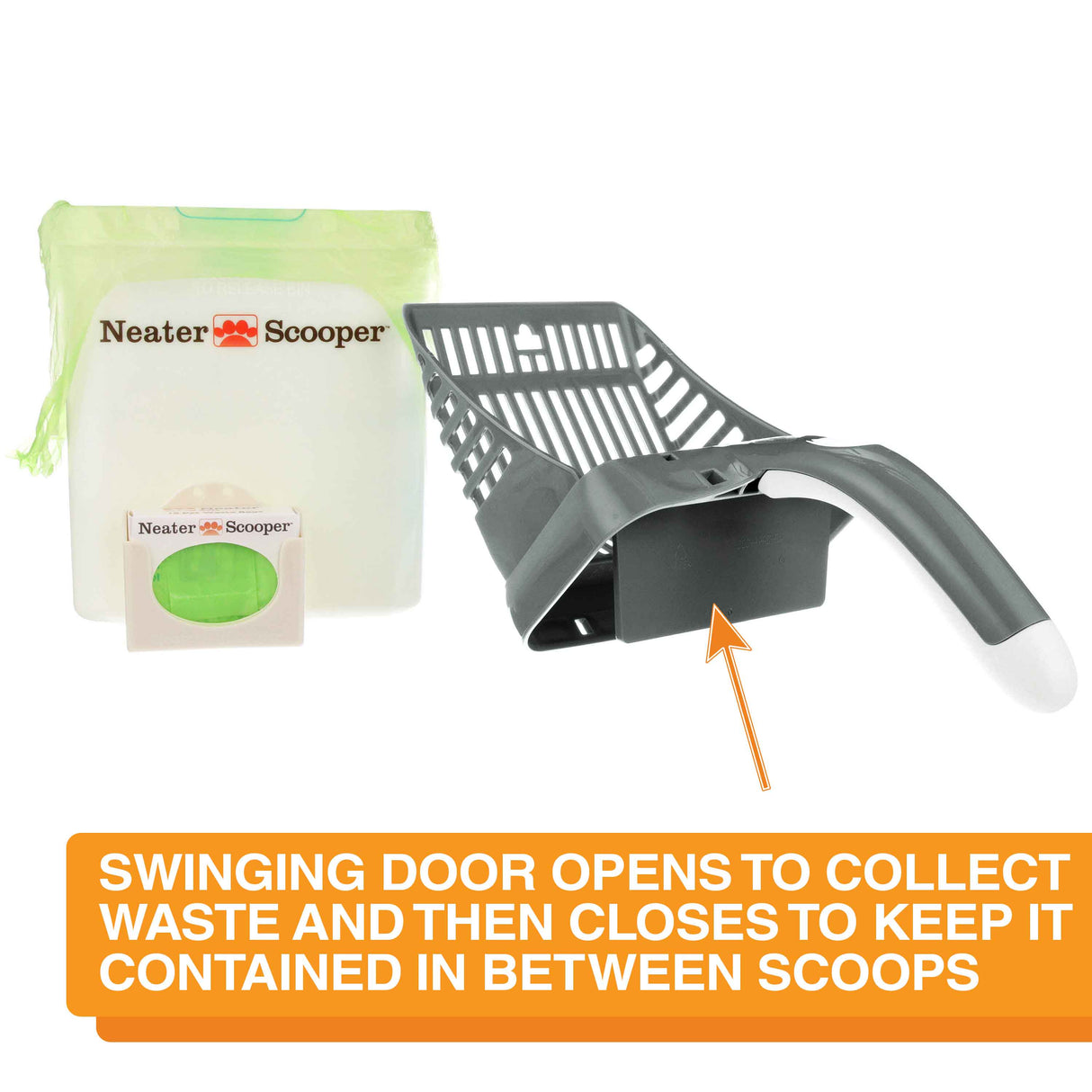 Image of the Neater Scooper top disconnected from the bin with an arrow pointing to the door with the text: Swing door opens to collect waste and then closes to keep it contained in between scoops.