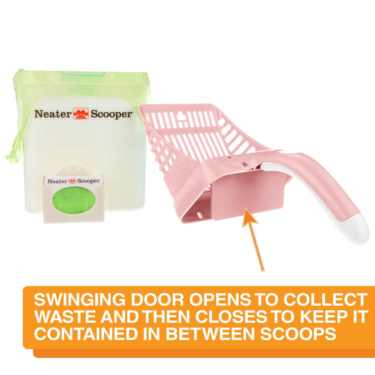 Image of the Neater Scooper top disconnected from the bin with an arrow pointing to the door with the text: Swing door opens to collect waste and then closes to keep it contained in between scoops.