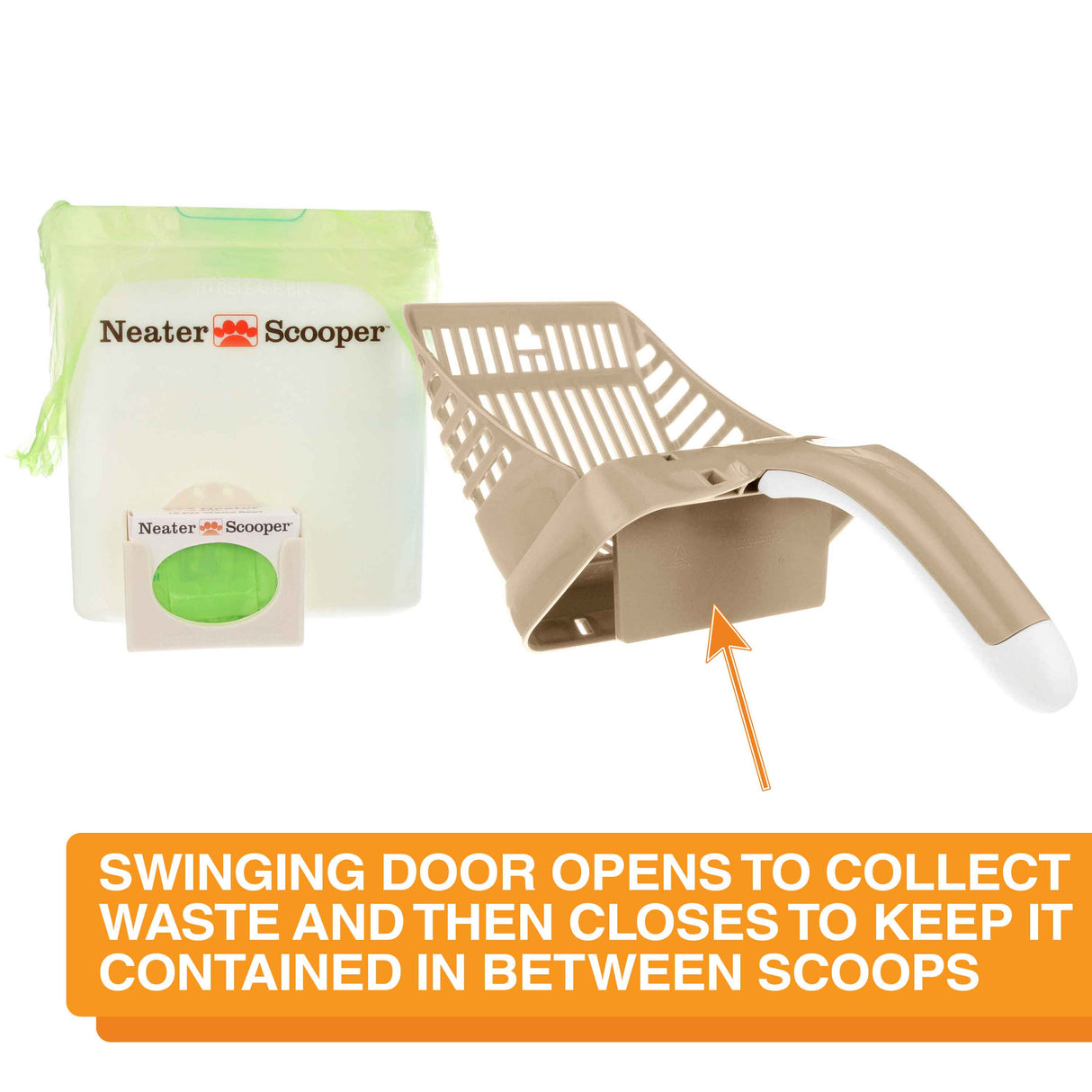 Image of the Neater Scooper top disconnected from the bin with an arrow pointing to the door with the text: Swing door opens to collect waste and then closes to keep it contained in between scoops.