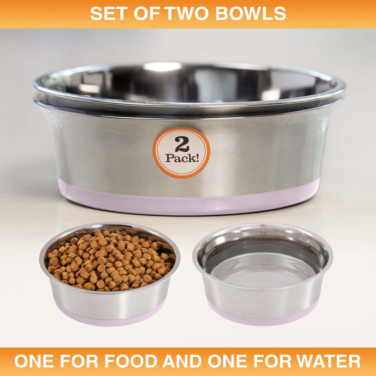 Set of two stainless steel bowls for food and water with a label indicating a 2-pack on a light background.