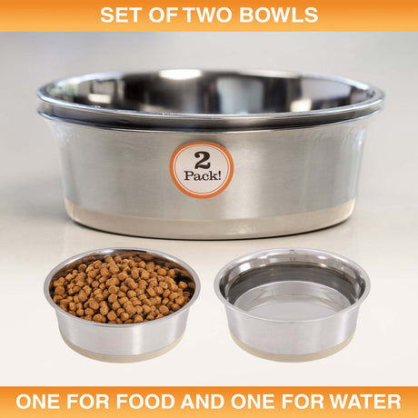 Set of two stainless steel bowls for food and water with a label indicating a 2-pack on a light background.