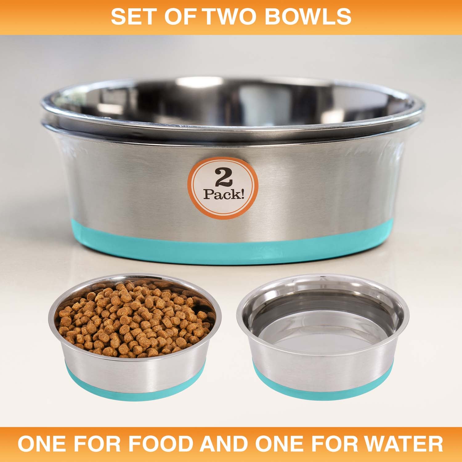Set of two stainless steel pet bowls with turquoise silicone rims, one filled with food and the other with water, on a light background.