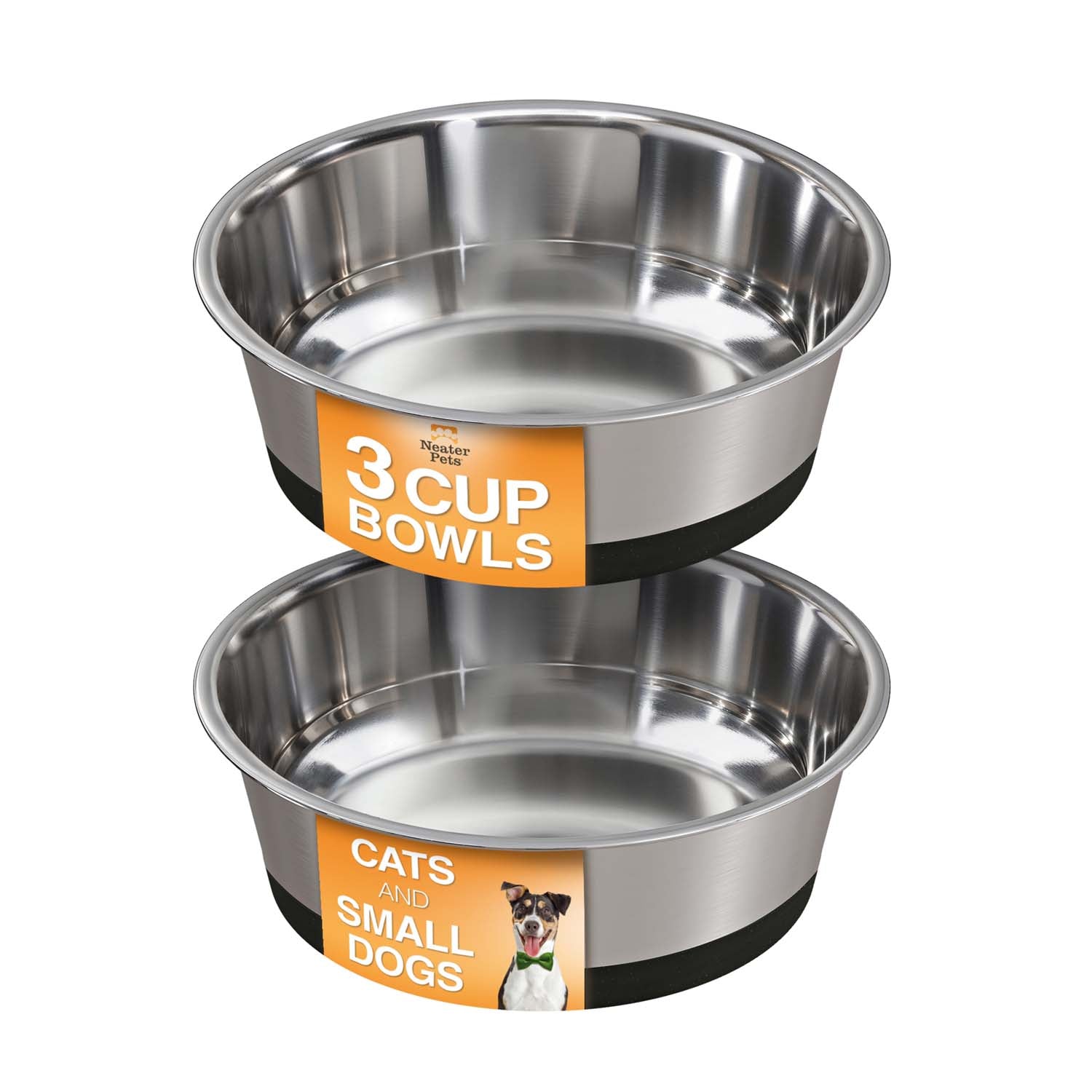 Two stainless steel bowls with labels for cats and small dogs on a white background